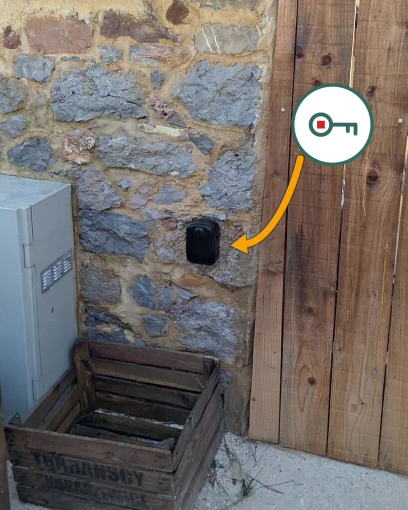 La boîte à clé, sur le mur en pierre, au-dessus de la caisse en bois.