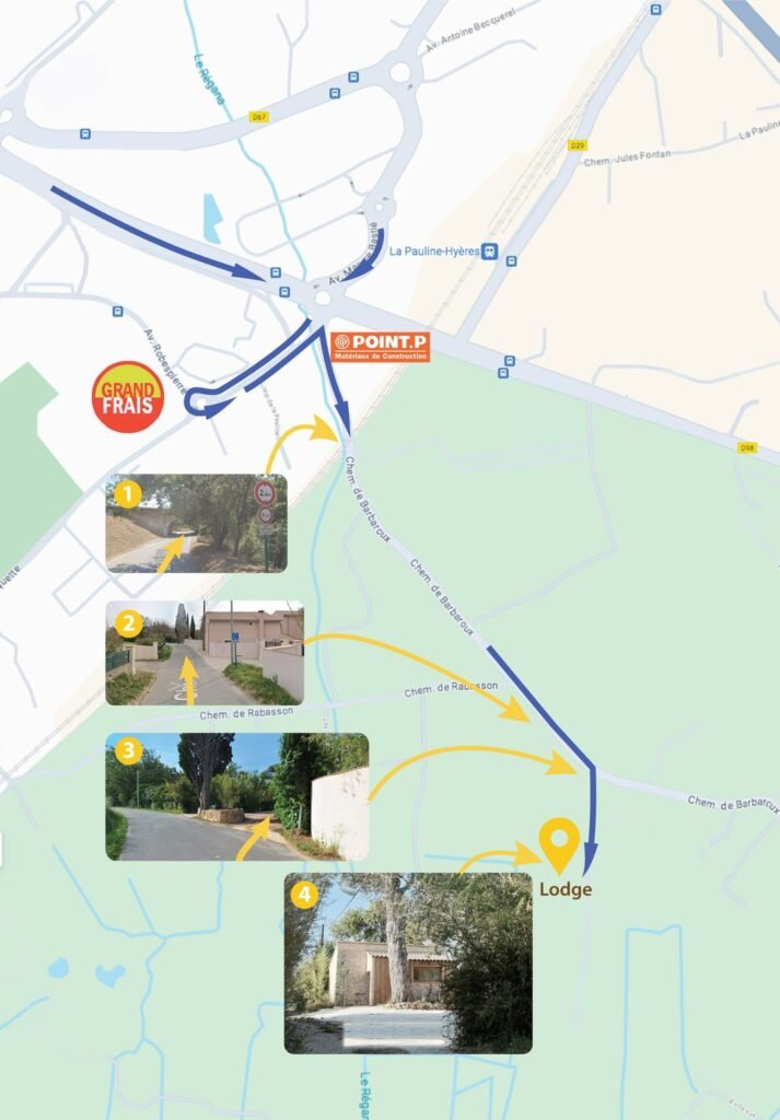 Le trajet depuis POINT.P : les numéros suivent les étapes. Fond de carte : Google Maps.